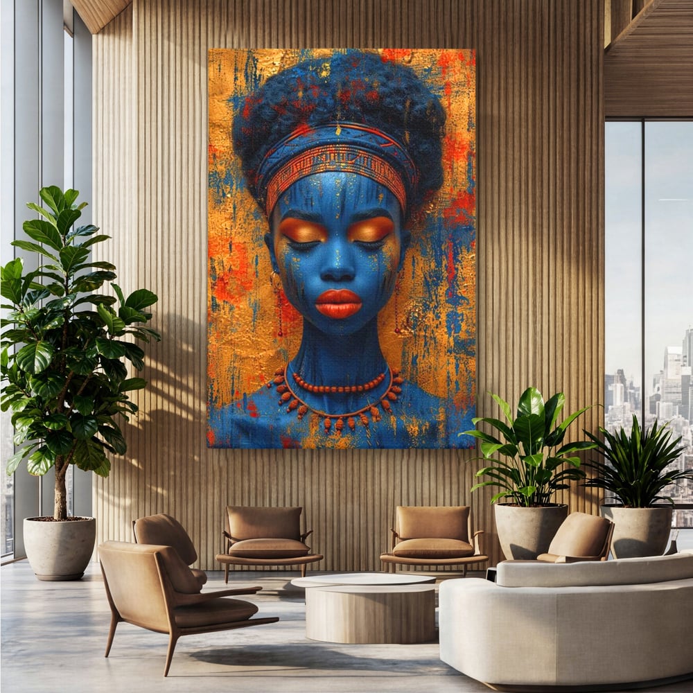 Tablou canvas cu portret de femeie cu piele albastra, fara rama, pe sasiu de lemn, pe perete intr-un birou